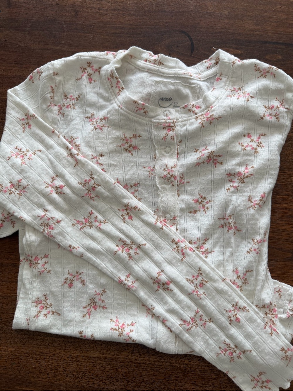 aerie White Long Sleeve Henley Top with Pink Floral Print